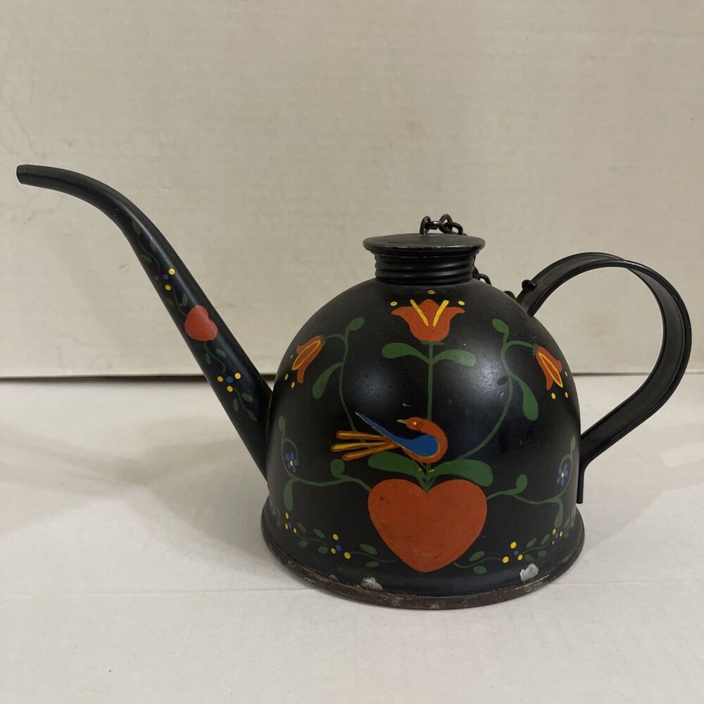 Vintage Toleware Oil Can Cruet Pitcher Hand Painted Folkart 18 Century Eagle